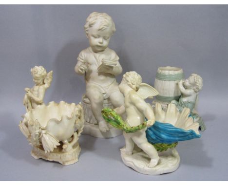 Two late 19th century Royal Worcester vases in the form of cherubs, one beside a barrel, the other beside a bowl with cactus 