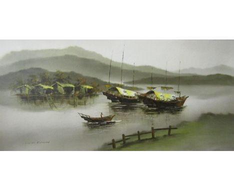 K F Chow (20th century Chinese School) - River scene with fishing boats, oil on board, signed, 60 x 120 cm in wooden frame 
