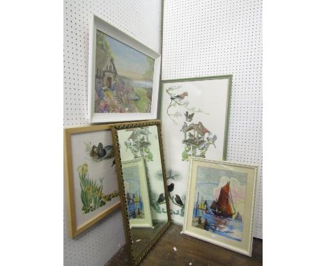 A collection of needlework pictures, subjects including a coastal cottage garden signed M A Maddox, a harbour scene, ducks am
