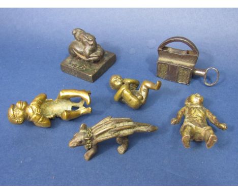 Small early ironwork padlock with brass panels, complete with key (working) iron seal mounted by two fighting rats, ethnic br