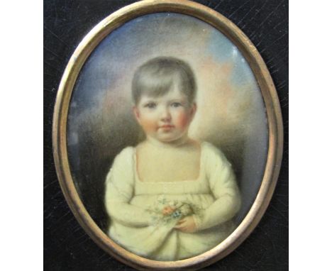 In the early 19th century school manner - Half length portrait miniature of a child in a white dress holding a posy of flower