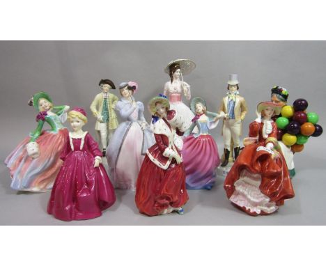 A collection of Royal Doulton figures including Autumn Breeze HN4716, Top O'The Hill, Christmas Morn HN1992, The Old Balloon 