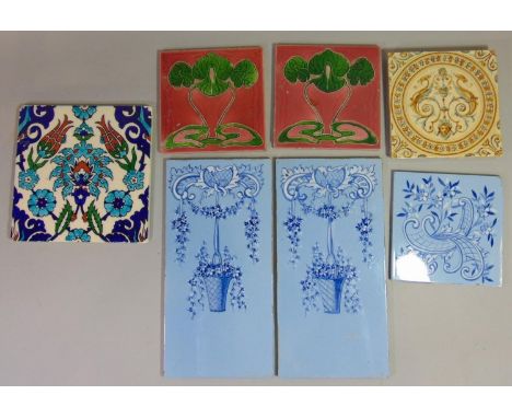 Collection of 19th century and later tiles to include a Kutahya Iznik type tile 20 x 20 cm, two rectangle delft type tiles 30