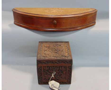 Good quality 19th century Indian carved box/caddy with floral panels, framed by scrolled foliage and poker work, label to bas