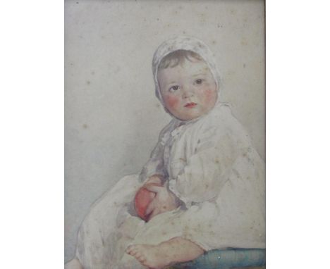 Early 20th century watercolour study of a seated baby holding a red ball, unsigned but with label verso - Lechertier Barbe Lt