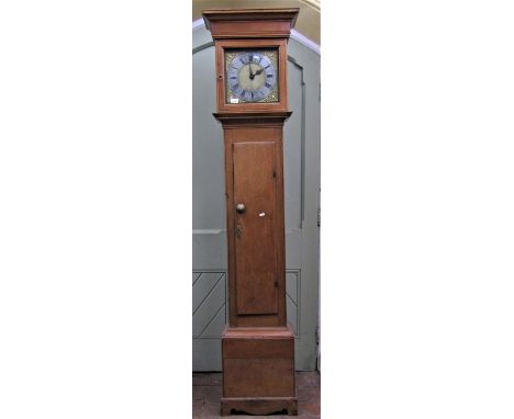 Early Georgian oak longcase clock, the hood enclosing a square cut brass dial, (28 cm), with silvered chapter ring and cast b