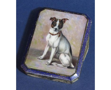 Continental white metal enamelled cigarette case with canted corners, the top enamelled with a seated terrier, with cobalt bl