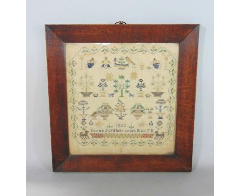 19th century needlework sampler dated 1852 and embroidered 'Susan Ford, her work May 7', showing birds, flowers, angels etc, 