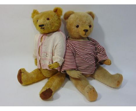 2 large vintage teddy bears both with jointed body, long tapering arms, stitched mouth, nose and claws, glass eyes and pronou