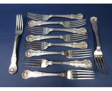Nine William IV Kings Husk pattern table forks, maker William Eaton, London 1832, together with a further matched regency for