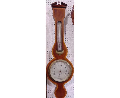 Early 20th century walnut and fruitwood crossbanded banjo barometer/thermometer, 99 cm 