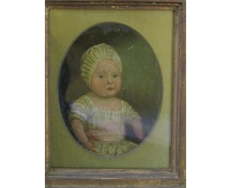 Early 19th century British School - Half length portrait of a seated baby in white dress and cap and pink sash, oil on card/p