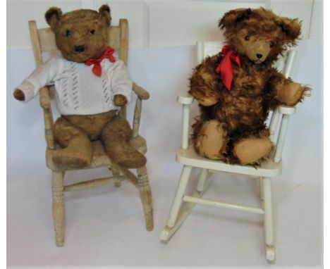 2 vintage teddy bears each with a small wooden chair; short haired bear  is 62cm tall with stitched mouth and nose, probably 