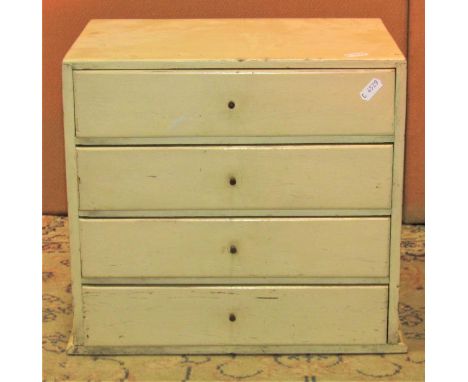 A small vintage painted pine nest of four long drawers, 38 cm wide x 25 cm deep x 33 cm high, together with  a needlework pan