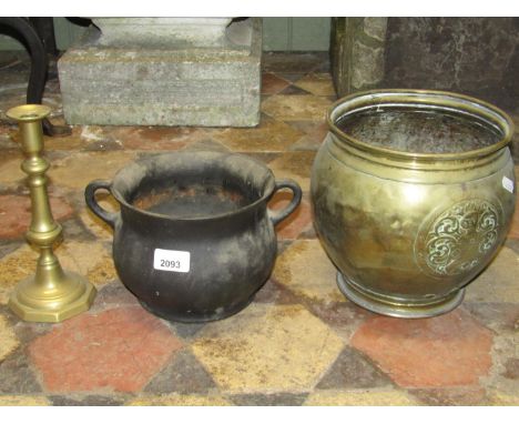 Three small contemporary terracotta urns with drop ring handles and painted and distressed finish, 23 cm high, together with 