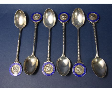 Set of six enamel and silver Bristol and West of England Bulldog Club teaspoons, with inscriptions awarded in 1913 and 15, We