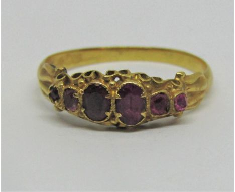 Antique multi gem ring in hues of pink and purple, with scrolled mount, size P, 1.8g (outer pair of stones paste replacements