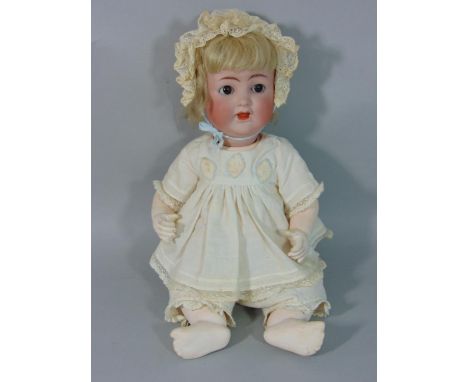 Alt Beck &amp; Gottschalck bisque head baby doll, with sleeping brown eyes and open mouth with two top teeth and tongue showi