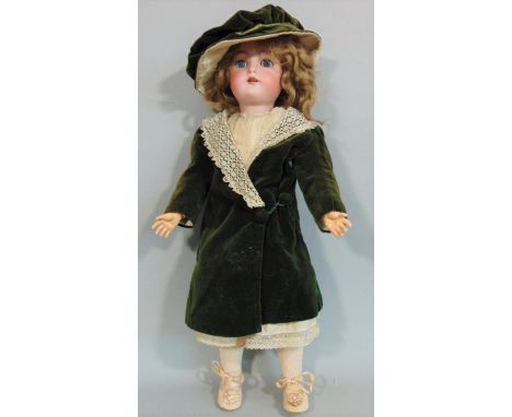 Bisque head doll by Kammer &amp; Rheinhardt with composition jointed body, sleeping blue eyes, pierced ears, open mouth with 