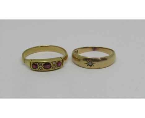 18ct ruby and diamond ring, size N/O, 2.2g and a further 15ct diamond set ring (cut), size L, 2.1g (2) 