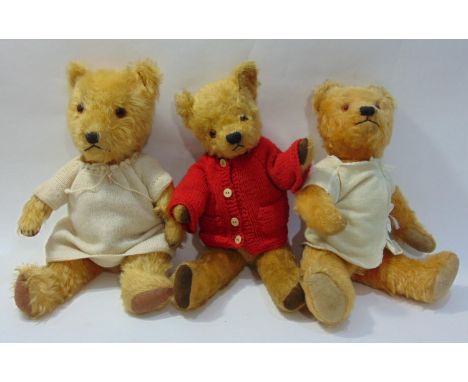 3 vintage teddy bears, all with golden fur, jointed body and stitched mouth and nose; first is probably a Chiltern bear and h