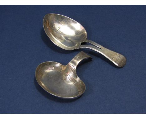 George III silver caddy spoon with heart shaped bowl, maker John Lawrence, Birmingham 1809, 8.5cm long; together with a furth