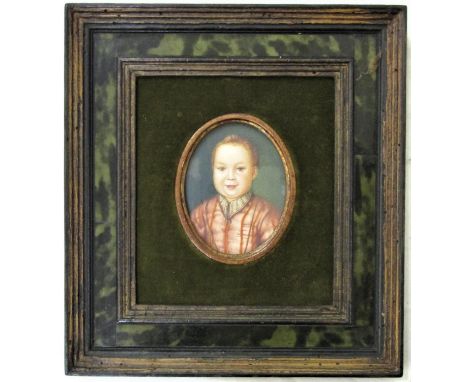 Probably 20th century school in the early 17th century manner - Portrait miniature study of a smiling child in red jacket, wa
