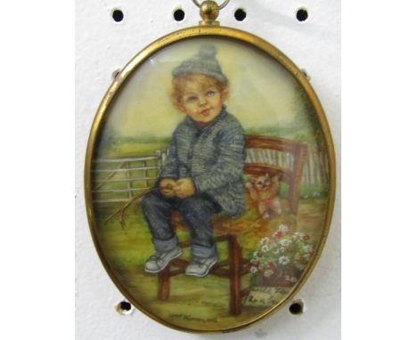 Dorothy Turton RMS (20th century British) - Full length miniature portrait of a seated child selling wild flowers, watercolou