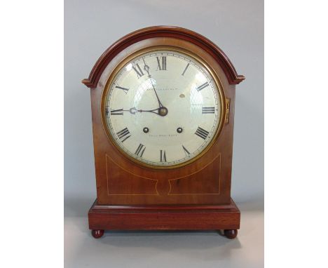 Mahogany twin train lancet mantle clock in boxwood inlaid walnut, the silvered dial inscribed Hampton &amp; Sons Ltd, Pall Ma