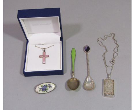 Mixed group of silver items comprising a coffee spoon by Ralph Weston set with Blue John, a further green guilloche enamel co