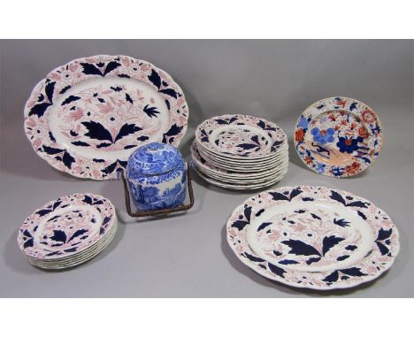 A Copeland Spode Italian pattern blue and white printed biscuit barrel and cover, together with an early 19th century ironsto