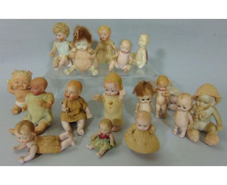 Collection of miniature all bisque dolls, some with jointed limbs and character faces, tallest is 11cm (17) 