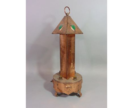 An unusual Arts &amp; Crafts copper lamp/lantern with four bulb fittings, two switches, hammered finish and inset heart shape