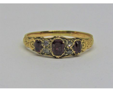 Antique ruby and rose cut diamond ring, in unmarked yellow metal, size P, 1.7g 