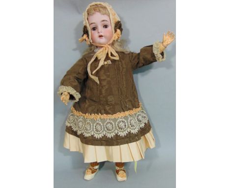 Bisque head doll by Kammer &amp; Rheinhardt with composition jointed body, sleeping brown eyes, pierced ears, open mouth with