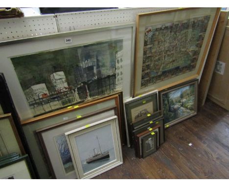 An interesting collection of pictures and prints including a contemporary city scape in gouache on card, indistinctly signed,