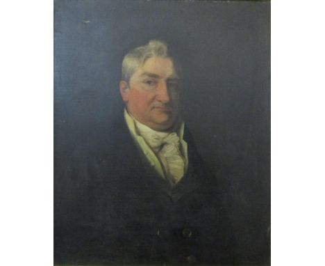 British 19th century school - Bust length portrait of a portly gentleman in black jacket and white cravat, oil on canvas, uns