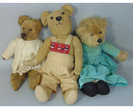 3 small early 20th century bears, with boot button eyes; two have stitched nose and mouth, with jointed body and most of fur 