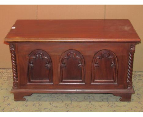 A reproduction hardwood coffer with hinged lid and arcaded panels, together with a Spode Italian pattern blue and white trans