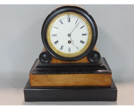 Regency walnut and ebonised drum head mantle clock, single train enamel dial, 28 cm high, pendulum and key 