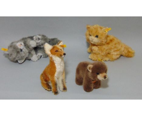 5 Steiff toys: 'Fuchs' sitting fox 33438, 18cm tall, 'Browny' bear 1444/12, 'Possy' the squirrel 1466/12, 'Whiskas' ginger ki