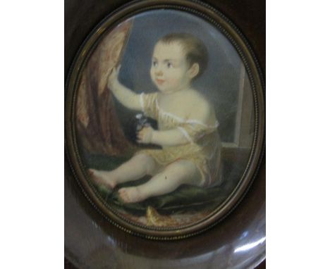 19th century school - Full length portrait miniature of a seated baby holding a flower in a window seat, probably watercolour