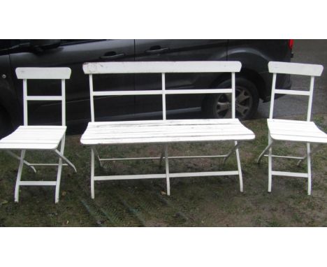 A cream painted light steel framed two seat bench with slatted seat and back rail raised on x framed supports, together with 