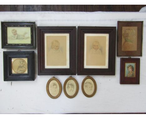 A collection of drawing and miniature watercolours of children including a pair of bust length studies of fair haired childre