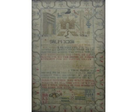 A mid-18th century needlework sampler, dated 1757 and inscribed Mrs Potts, incorporating an insect, birds and animals, a buil