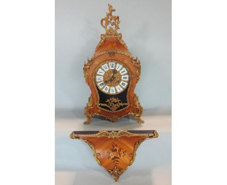 Good quality reproduction French kingwood and boxwood inlaid boulle type bracket clock with typical embossed brass dial with 