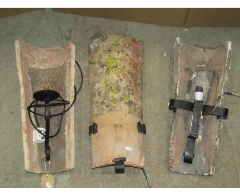 Three novel French provincial terracotta electric roof tile wall sconces 