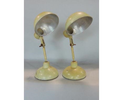 Pair of vintage industrial English articulated lamp frames, with yellow colourway, articulated branch and further ball joints