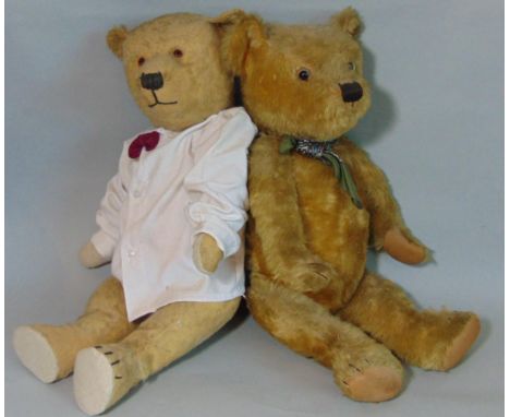 2 old bears; 1930's teddy bear, probably Chiltern with worn fur, straw stuffing, small glass eyes closely spaced, small ears,