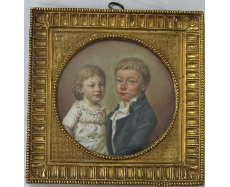 19th century probably continental school - Half length portrait miniature of two children, finely executed probably in oil on